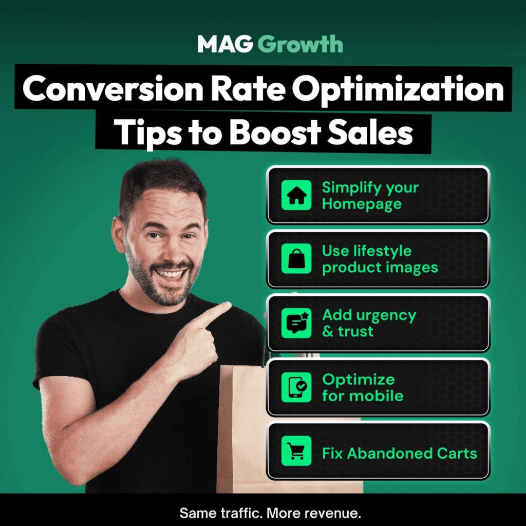 DTC Conversion Rate Optimization Glossary Conversion Rate Optimization Tips to Boost Sales simplify your homepage, use lifestyle product images, add urgency and trust, optimize for mobile, fix abandoned carts