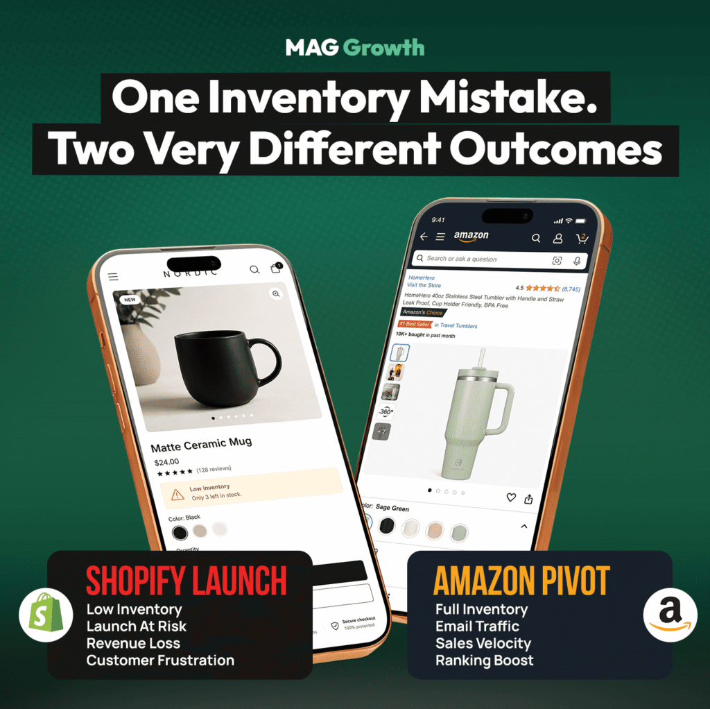 DTC Brand Operations Glossary One Inventory Mistake. Two Very Different Outcomes_ A graphic from MAG Growth comparing the impact of low inventory on Shopify versus Amazon. The left side shows a Shopify product page for a mug with a "Low inventory" warning, noting the risks of revenue loss and customer frustration. The right side shows an Amazon product page for a tumbler with full inventory, highlighting how email traffic can drive sales velocity and provide a ranking boost.