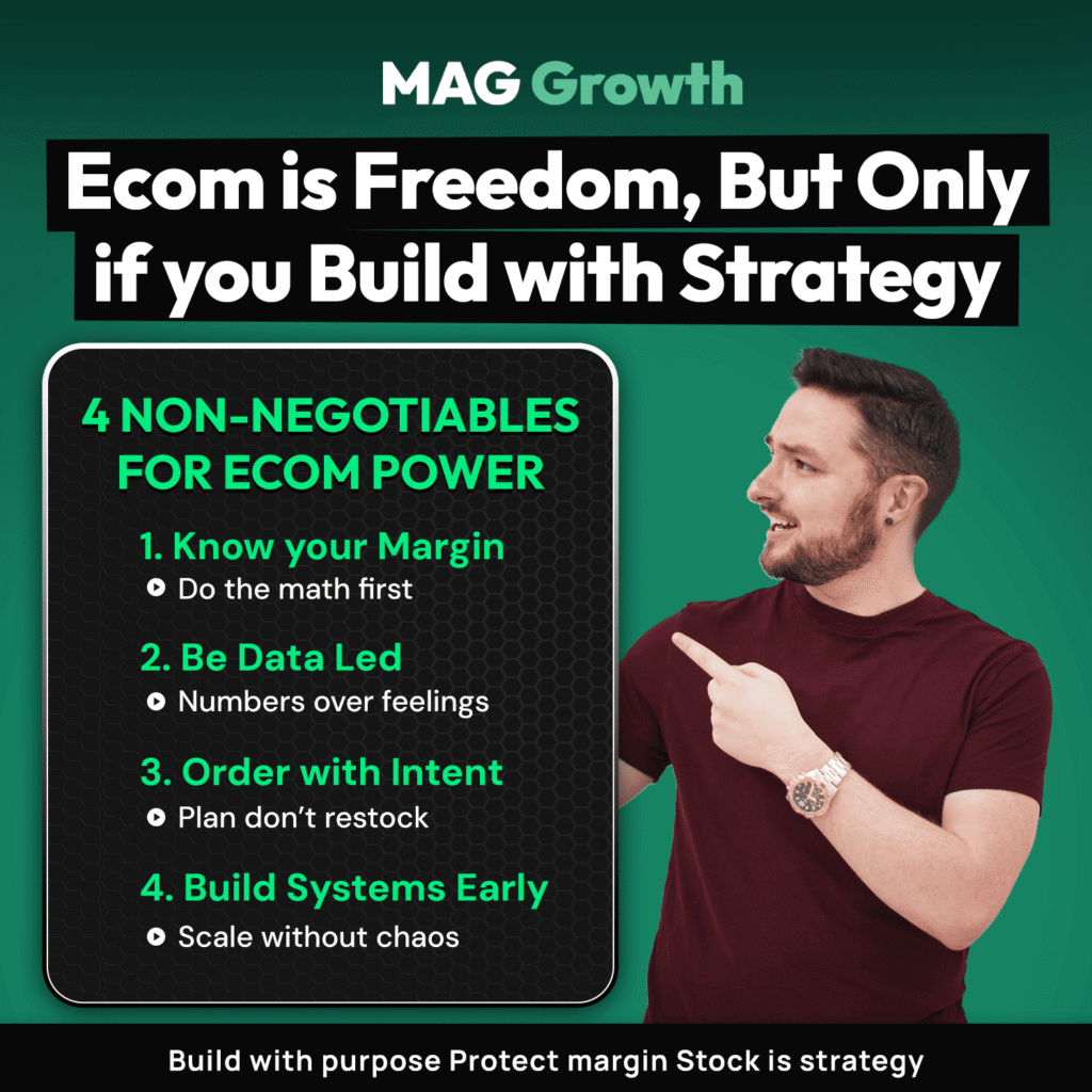 Amazon vs Shopify Black Friday profit margin checklist from MAG Growth listing four non-negotiables, know your margin, be data led, order with intent, and build systems early