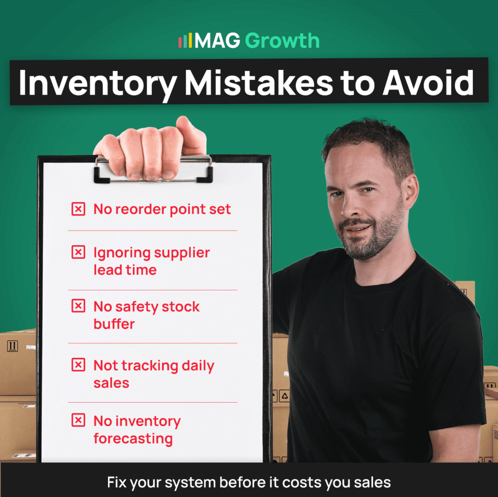 How to Split FBA and Shopify Inventory for BFCM Inventory Mistakes to Avoid MAG Growth checklist of five inventory mistakes, including no reorder point, ignored supplier lead time, no safety stock buffer, no daily sales tracking, and no forecasting.