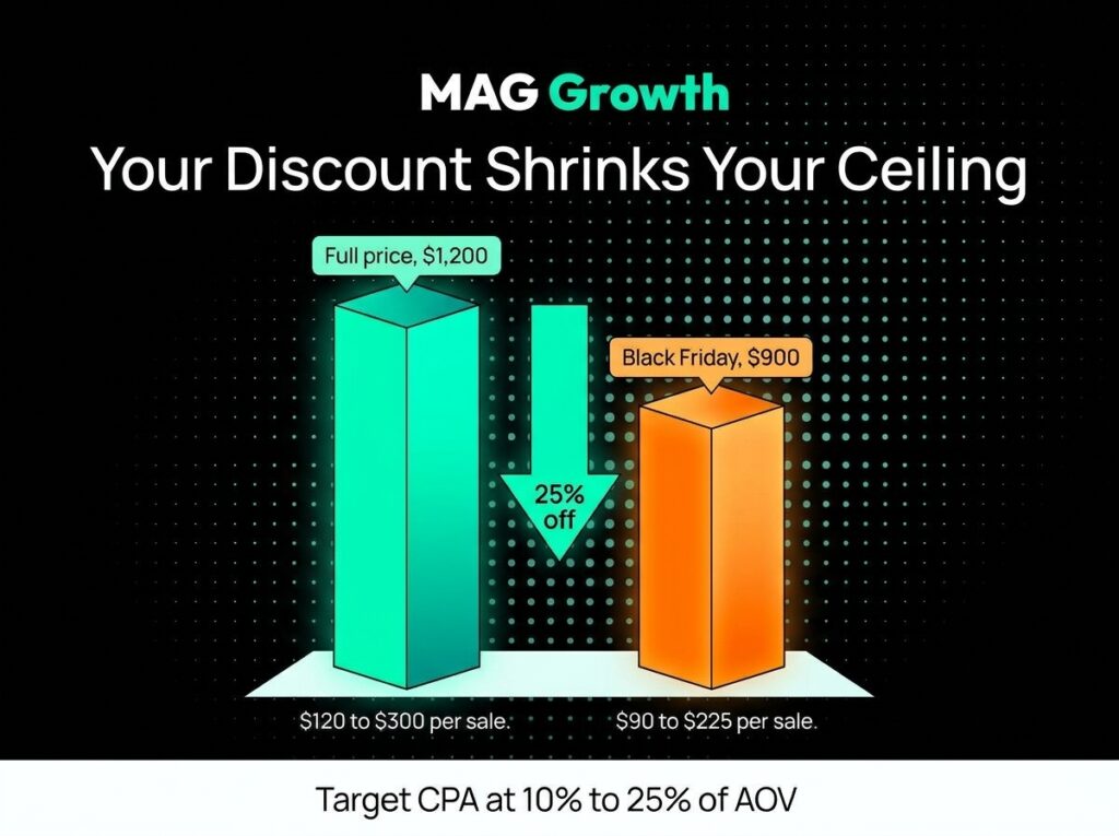 Performance max vs standard shopping for high AOV chart showing a $1,200 product's cost-per-sale ceiling dropping from $120 to $300 at full price to $90 to $225 at 25% off