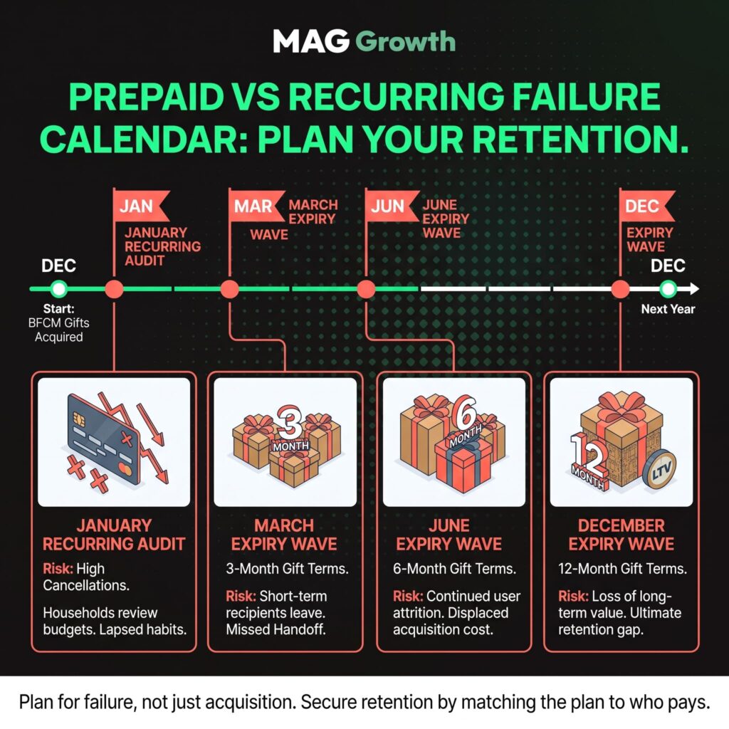 Prepaid vs recurring subscription failure calendar showing the January recurring audit and gift expiry waves in March, June, and the following December