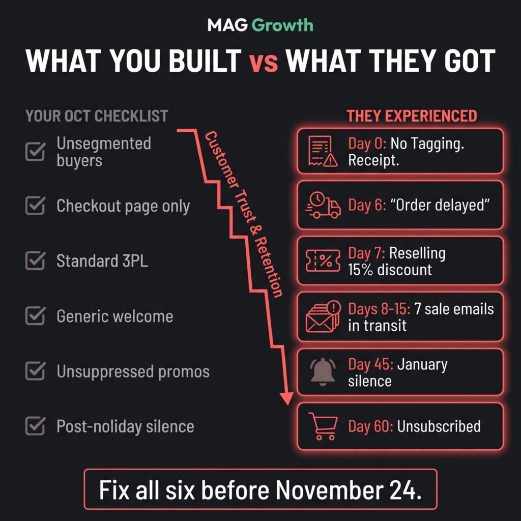 BFCM customer retention mistakes shown as an October checklist beside what the Q4 buyer experienced, from a receipt-only order to a delayed box, a discount welcome, sale emails in transit, January silence, and an unsubscribe by day 60