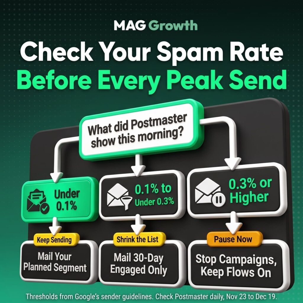 BFCM email deliverability benchmarks decision tree from MAG Growth showing what to do when Gmail's spam rate is under 0.1%, between 0.1% and 0.3%, or at 0.3% and higher before a peak send