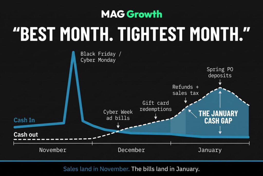 Peak season cash flow mistakes DTC brands make, shown as Black Friday cash in spiking while ad bills, gift card redemptions, refunds, sales tax, and spring PO deposits create a January cash gap