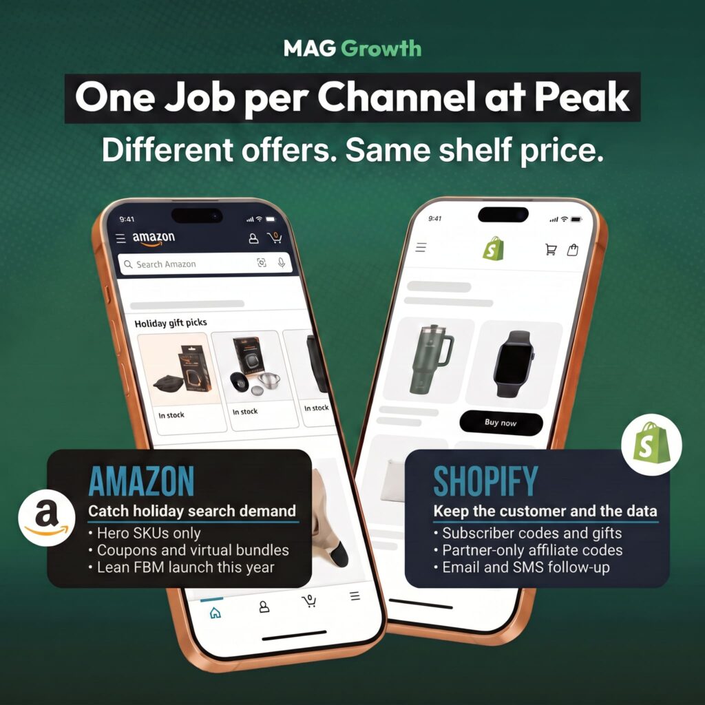 DTC brand Amazon strategy for the holidays graphic by MAG Growth showing Amazon catching holiday search demand and Shopify keeping the customer