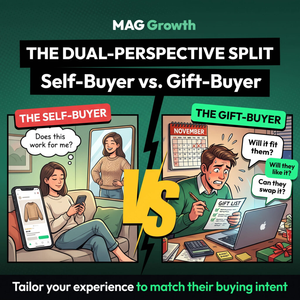 Gift buyer product page optimization comparison of a relaxed self-buyer asking if a sweater works for them and a stressed gift buyer asking if it will fit, if they will like it, and if they can swap it