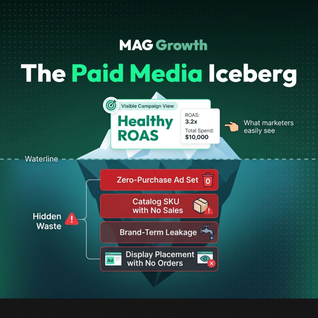 Wasted ad spend benchmarks iceberg showing a healthy campaign ROAS above the waterline and hidden zero-purchase ad sets, catalog SKUs with no sales, brand-term leakage, and display placements with no orders below it